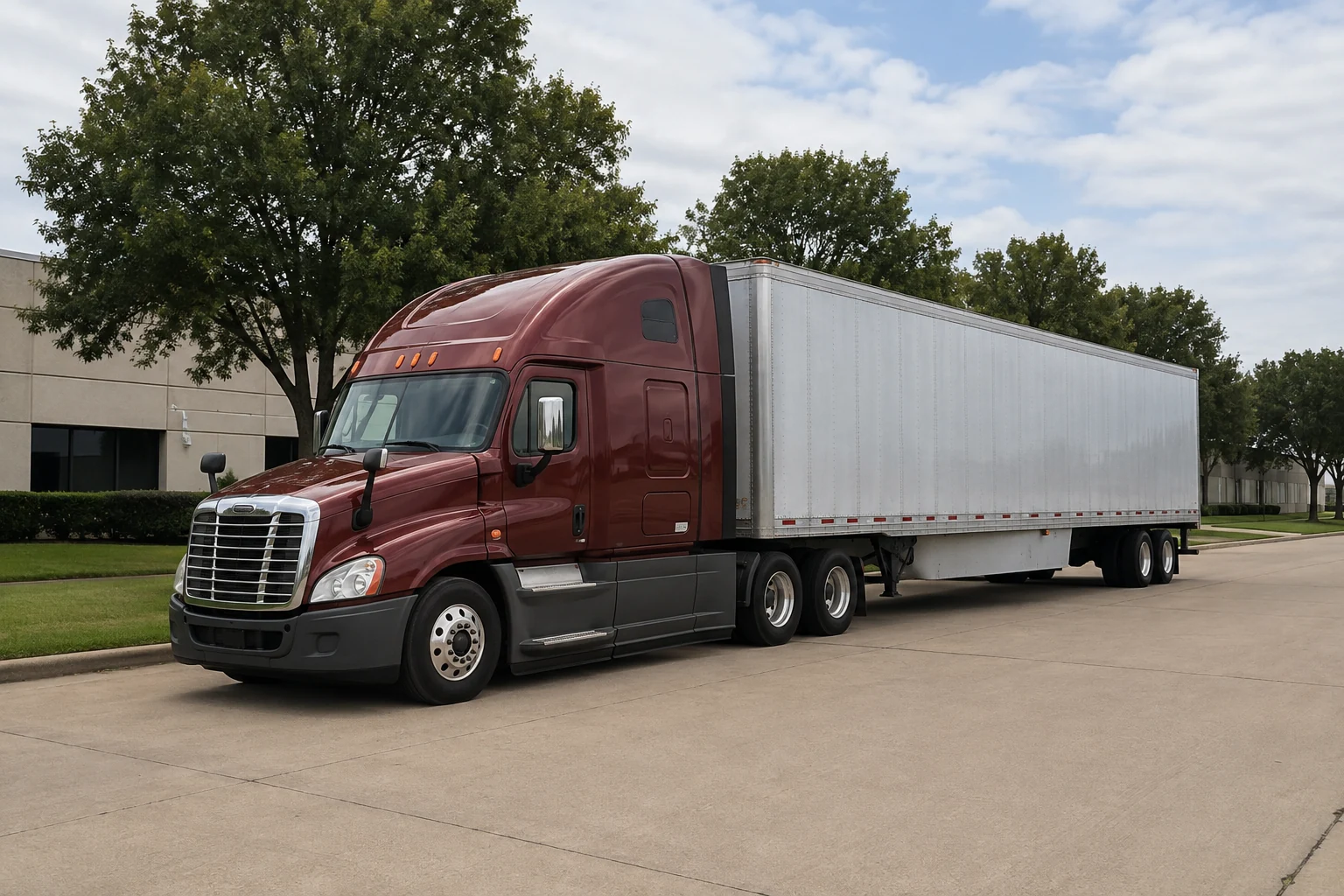 Burgundy tractor and silver freight trailer on a flat, tree-lined industrial street in Texas