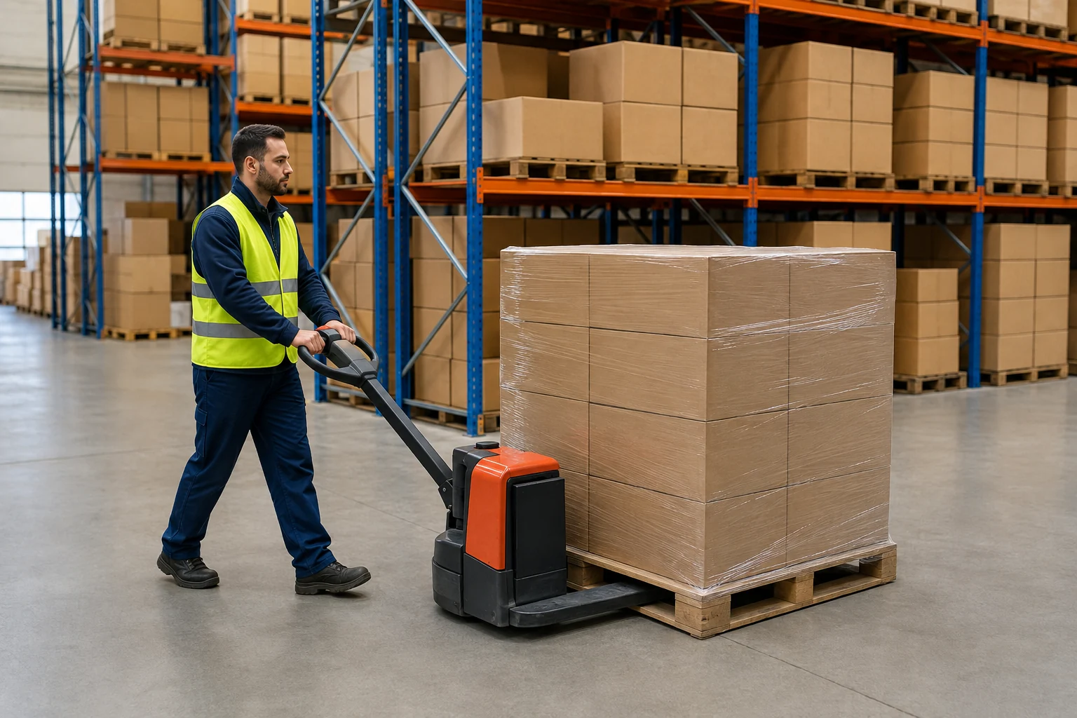Warehouse worker using a pallet jack to move wrapped cartons along a storage aisle