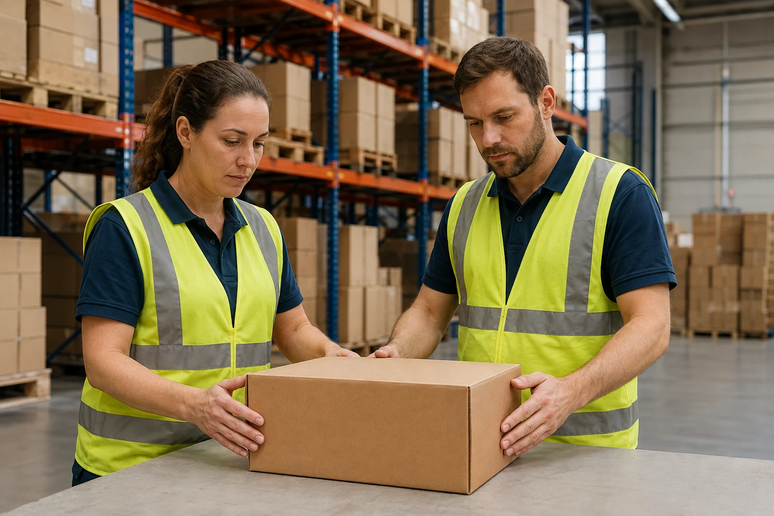 Two warehouse workers checking a carton together at a packing table